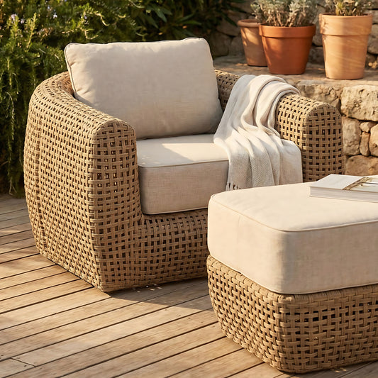 Hill Interiors Bloom Collection brown outdoor large lounge chair in a modern garden setting