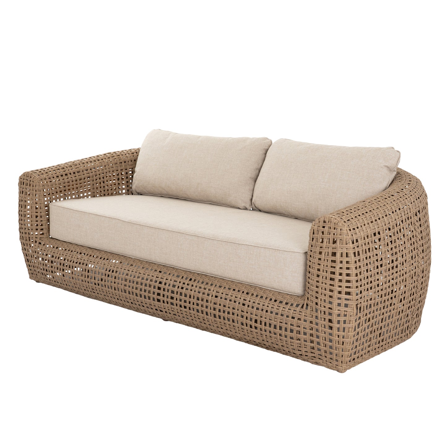 	Hill Interiors Bloom Collection brown outdoor sofa in a modern garden setting
