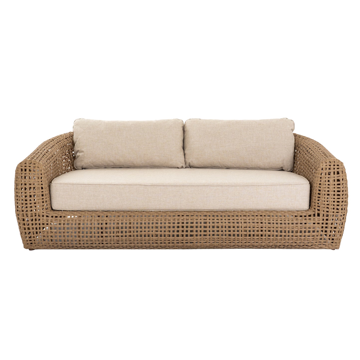 	Hill Interiors Bloom Collection brown outdoor sofa in a modern garden setting