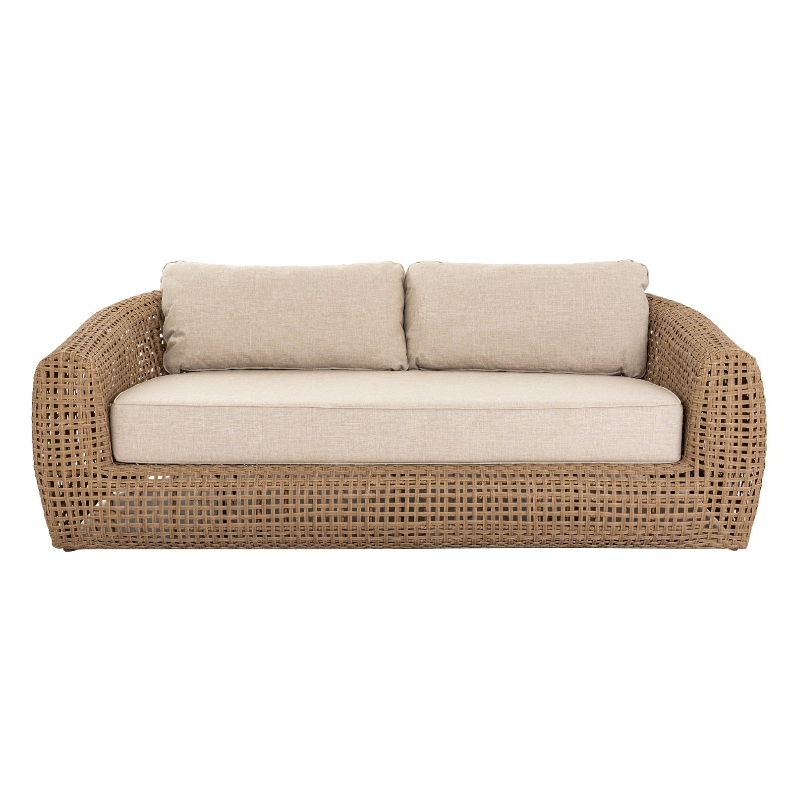 	Hill Interiors Bloom Collection brown outdoor sofa in a modern garden setting