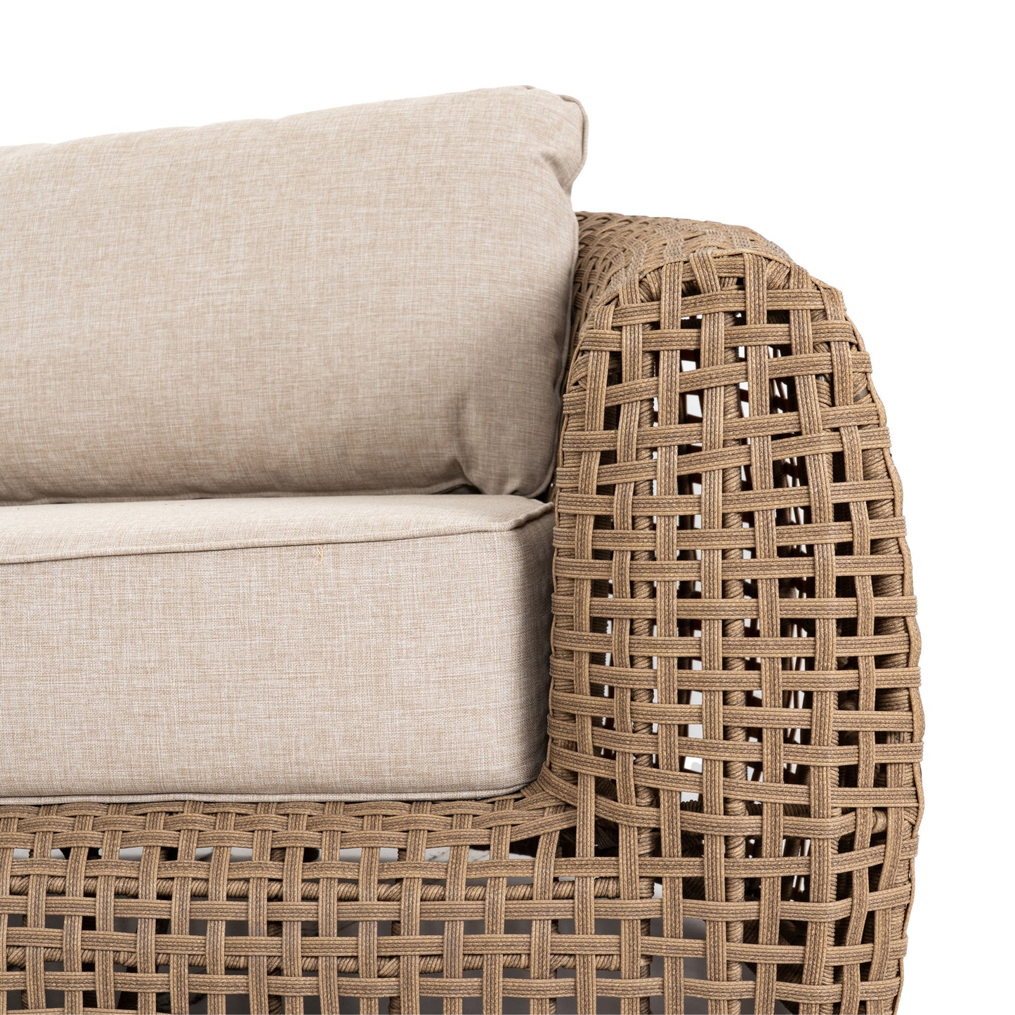 	Hill Interiors Bloom Collection brown outdoor sofa in a modern garden setting