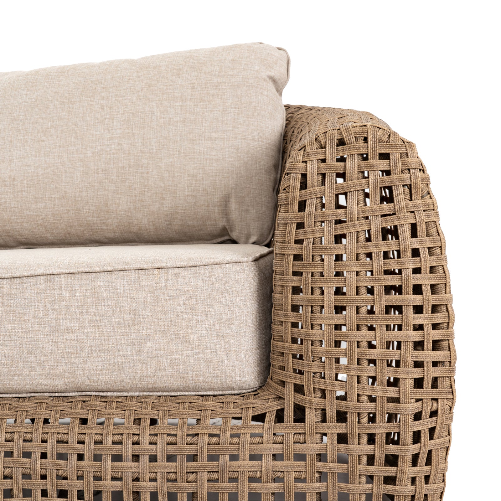 	Hill Interiors Bloom Collection brown outdoor sofa in a modern garden setting