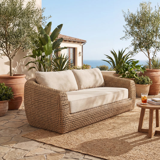 	Hill Interiors Bloom Collection brown outdoor sofa in a modern garden setting