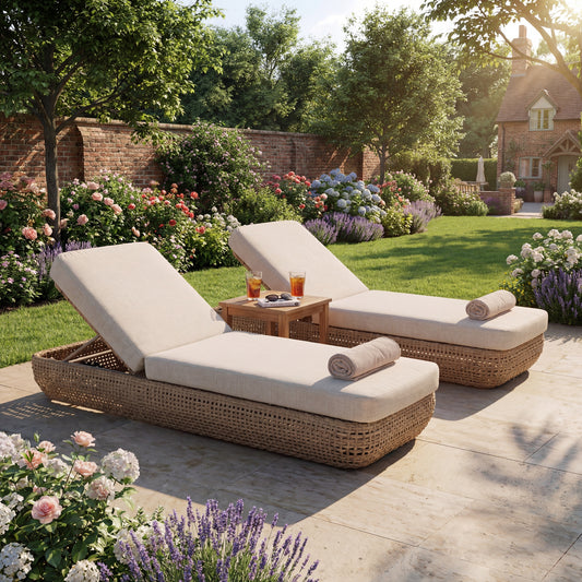 Hill Interiors Bloom Collection brown outdoor sunbed in a modern garden setting