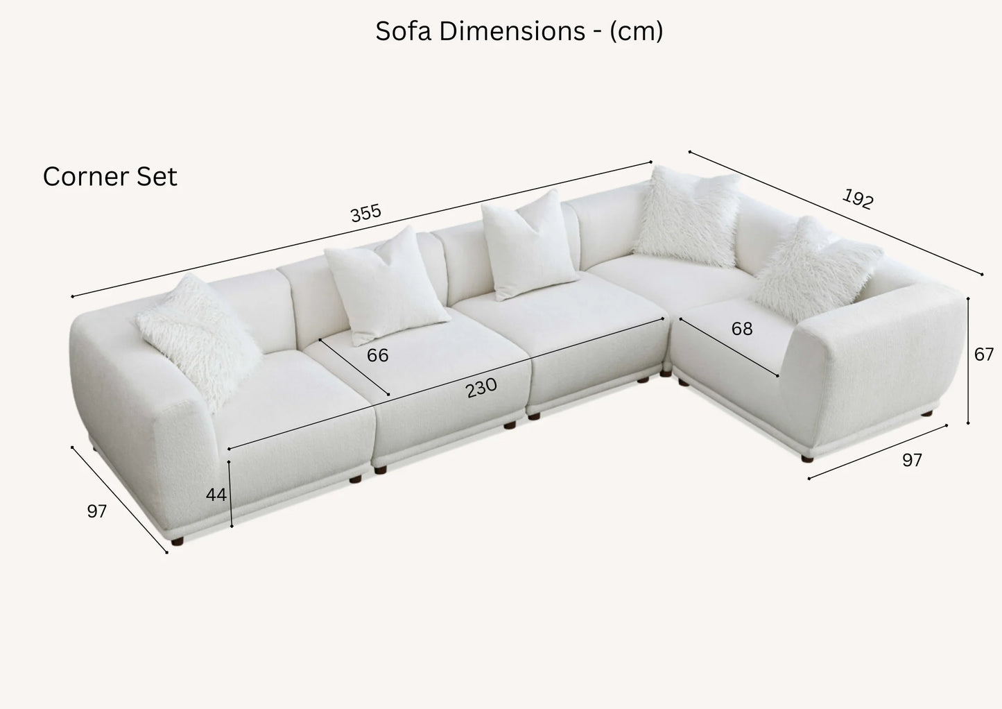 	Furnish365 Lottie modular bouclé corner sofa with scatter cushions in a modern living room setting