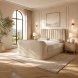 Alana cream velvet TV bed with remote-controlled lift in a modern bedroom setting