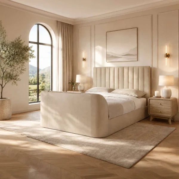 Alana cream velvet TV bed with remote-controlled lift in a modern bedroom setting
