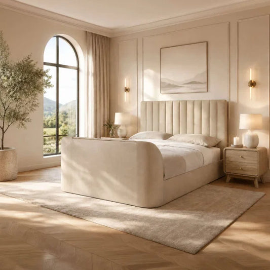 Alana cream velvet TV bed with remote-controlled lift in a modern bedroom setting