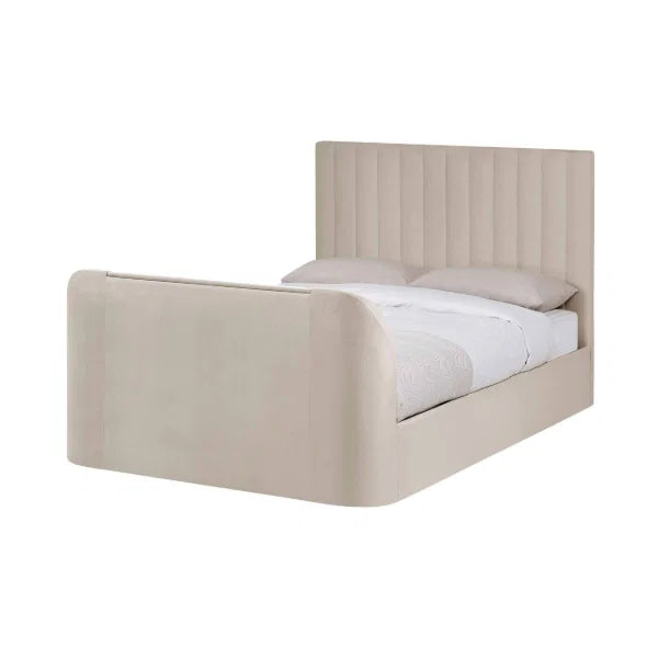 Alana cream velvet TV bed with remote-controlled lift in a modern bedroom setting