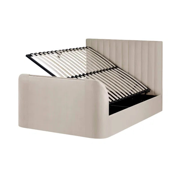 Alana cream velvet TV bed with remote-controlled lift in a modern bedroom setting