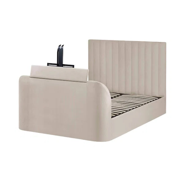 Alana cream velvet TV bed with remote-controlled lift in a modern bedroom setting