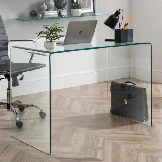 Amalfi Desk – Clear Glass – Curved Tempered Glass Design – No Assembly Needed