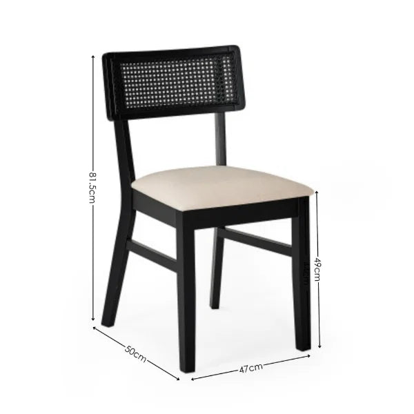 Annika Set of 2 Rattan Back Chairs – Satin Black – Soft Touch Fabric Seat (Pre-order – May)