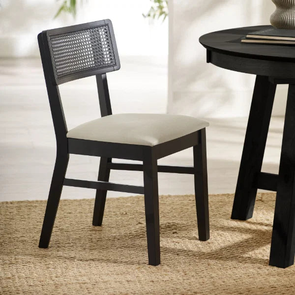Annika Set of 2 Rattan Back Chairs – Satin Black – Soft Touch Fabric Seat (Pre-order – May)