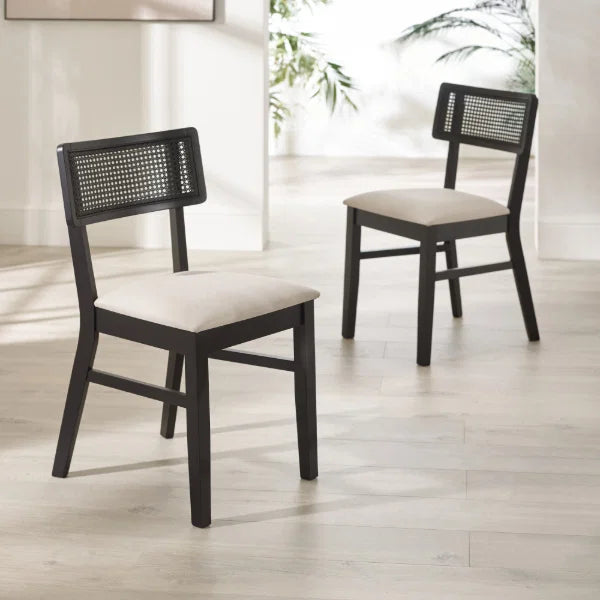 Annika Set of 2 Rattan Back Chairs – Satin Black – Soft Touch Fabric Seat (Pre-order – May)