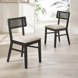 Julian Bowen Annika set of 2 satin black rattan back dining chairs with soft touch fabric seats in a modern dining setting