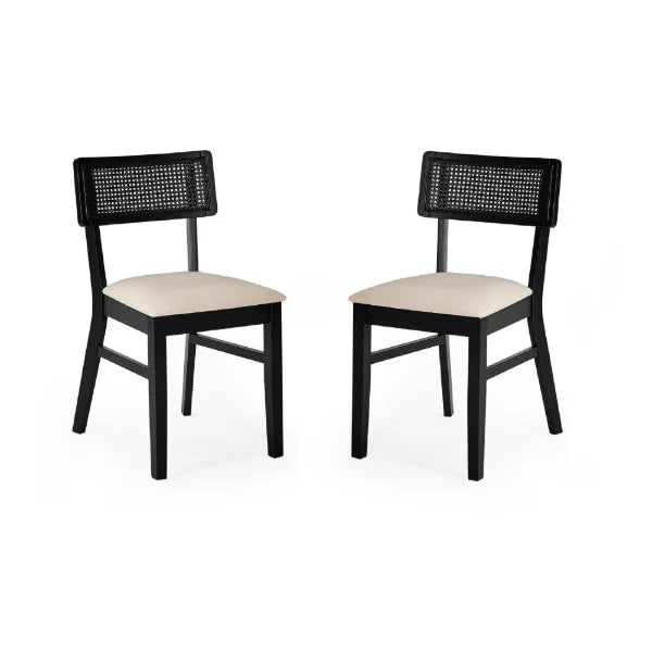 Annika Set of 2 Rattan Back Chairs – Satin Black – Soft Touch Fabric Seat (Pre-order – May)