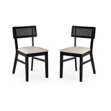 Julian Bowen Annika set of 2 satin black rattan back dining chairs with soft touch fabric seats in a modern dining setting