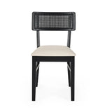 Julian Bowen Annika set of 2 satin black rattan back dining chairs with soft touch fabric seats in a modern dining setting