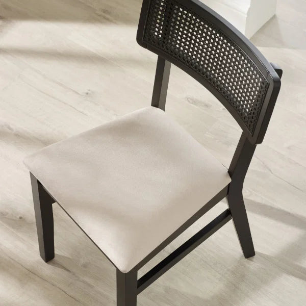Annika Set of 2 Rattan Back Chairs – Satin Black – Soft Touch Fabric Seat (Pre-order – May)
