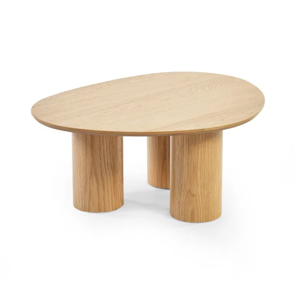 Anya oak effect asymmetrical coffee table in a modern Scandinavian living room setting