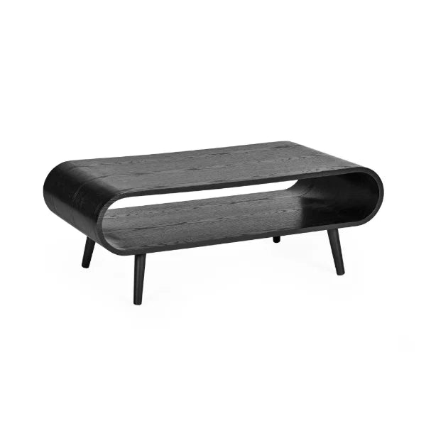 	Apollo black ash coffee table with curved silhouette in a modern Scandinavian living room setting