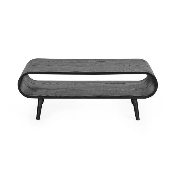 	Apollo black ash coffee table with curved silhouette in a modern Scandinavian living room setting