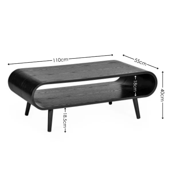 	Apollo black ash coffee table with curved silhouette in a modern Scandinavian living room setting