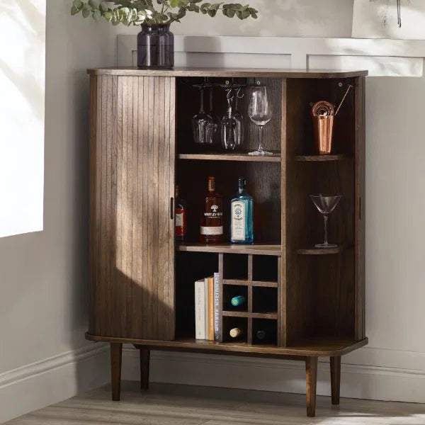 Arya Wine Cabinet – Oak – Dark Oak Finish with Wine Rack and Stemware Holder