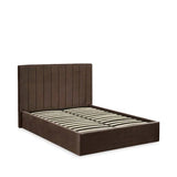 Aylen chocolate velvet ottoman storage bed with panelled headboard in a modern bedroom setting