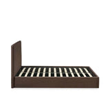 Aylen chocolate velvet ottoman storage bed with panelled headboard in a modern bedroom setting