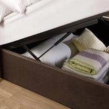 Aylen chocolate velvet ottoman storage bed with panelled headboard in a modern bedroom setting