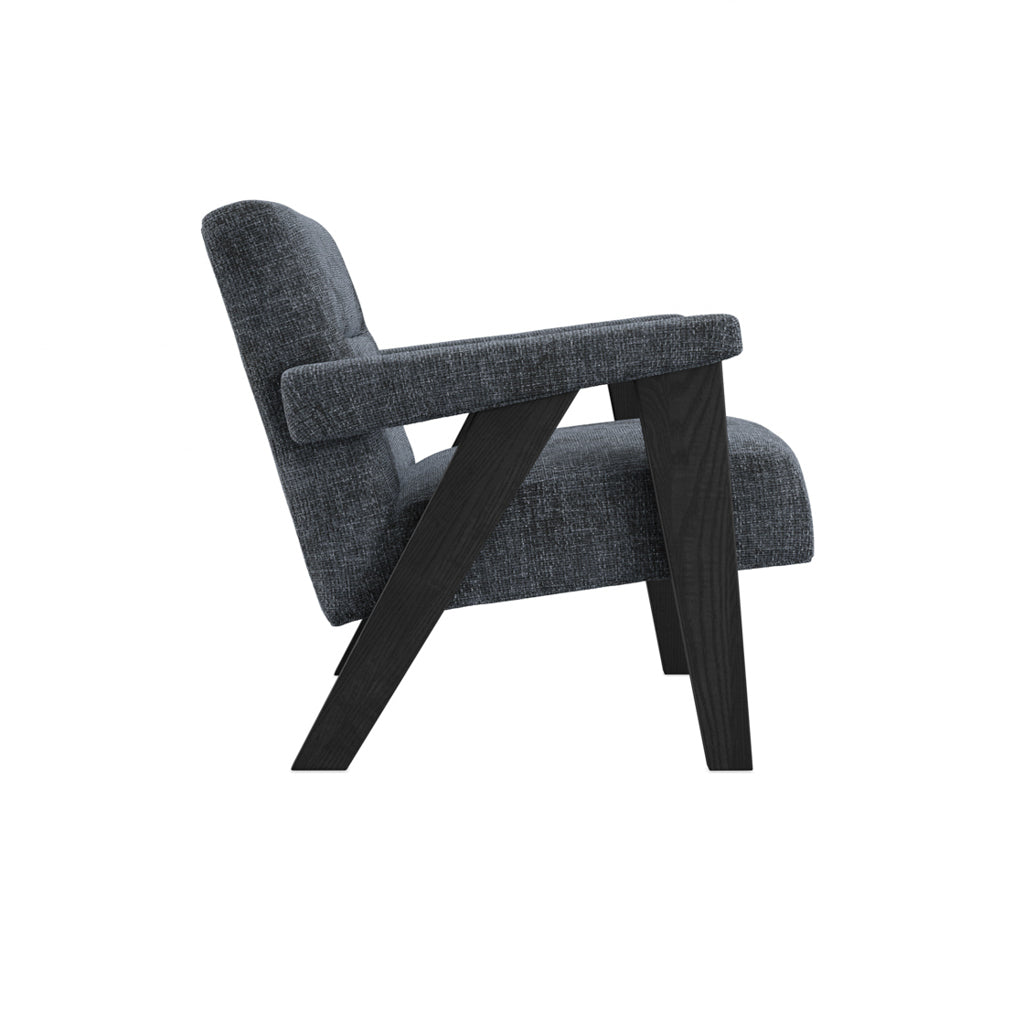 	LPD Furniture Abel coal velvet tweed armchair with black frame in a modern living room setting