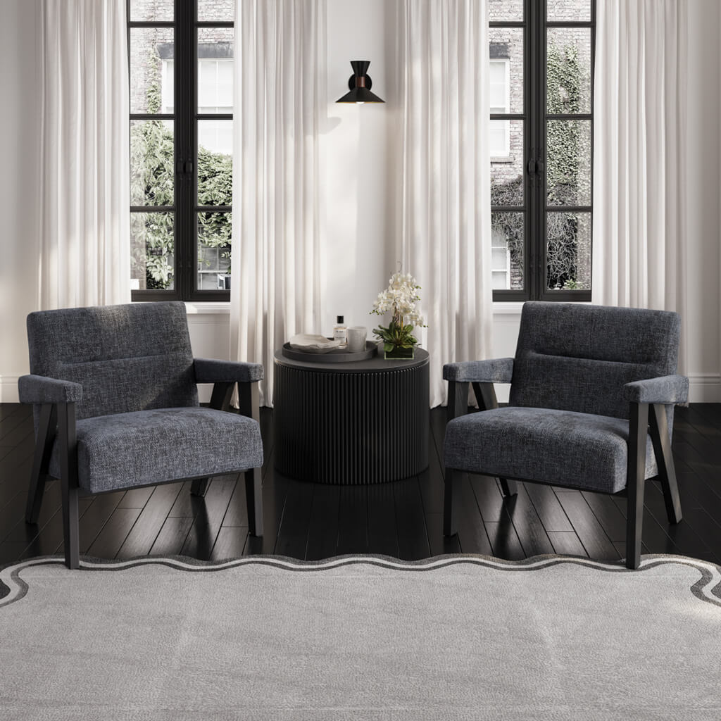 	LPD Furniture Abel coal velvet tweed armchair with black frame in a modern living room setting