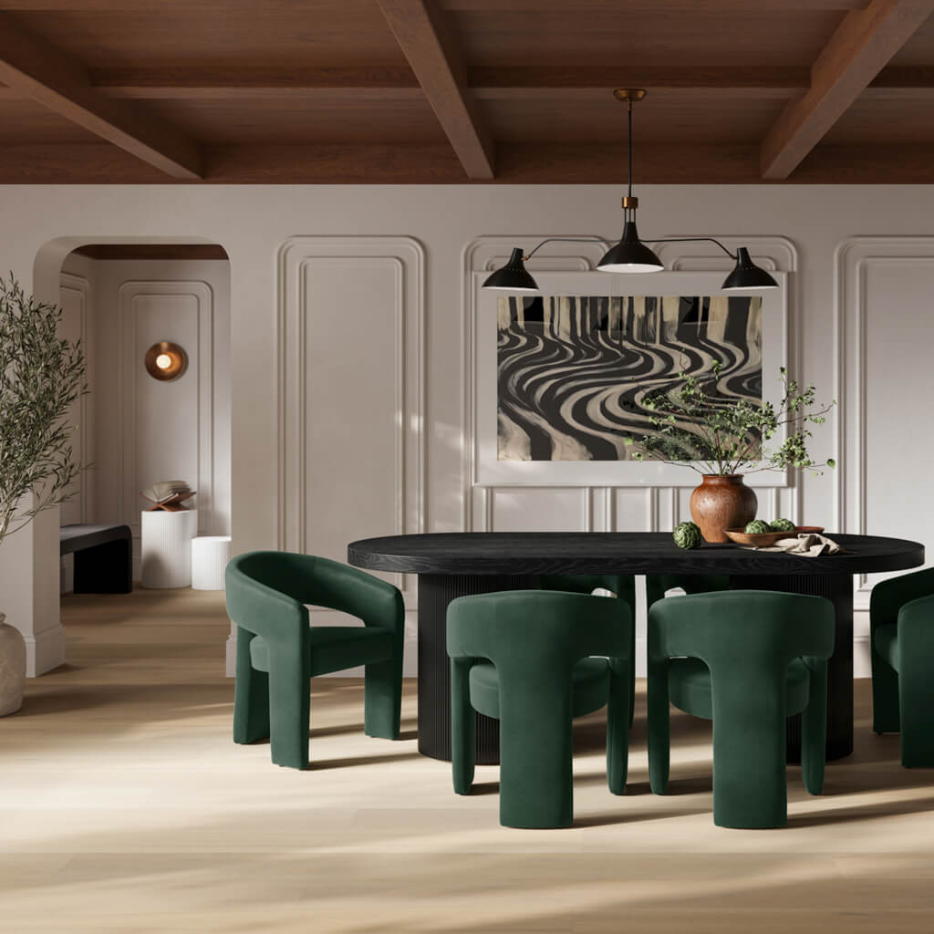 LPD Furniture Alba forest green velvet dining chair with curved design in a modern dining setting