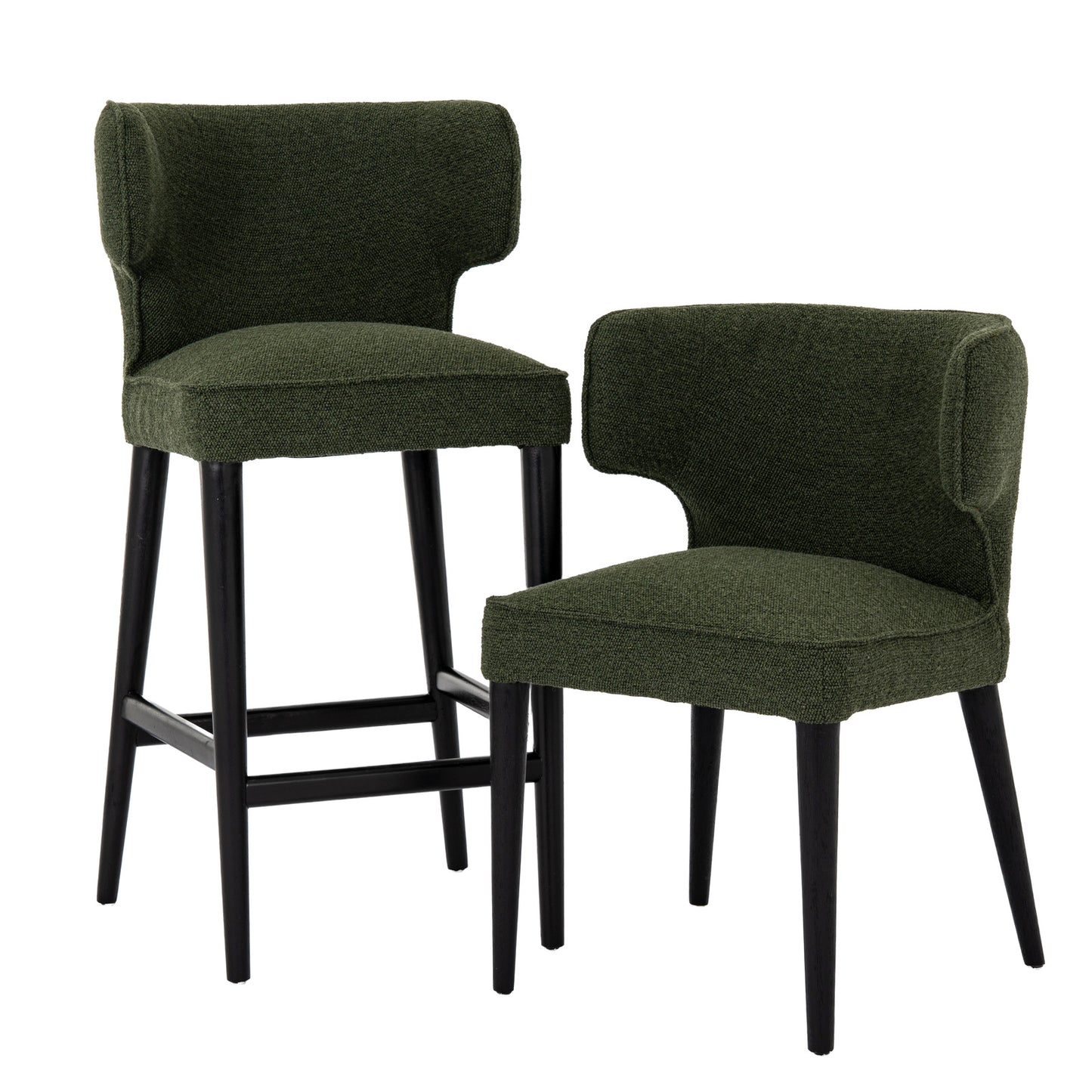 Angle view of Hill Interiors Avia moss green dining chair highlighting the wooden frame detail
