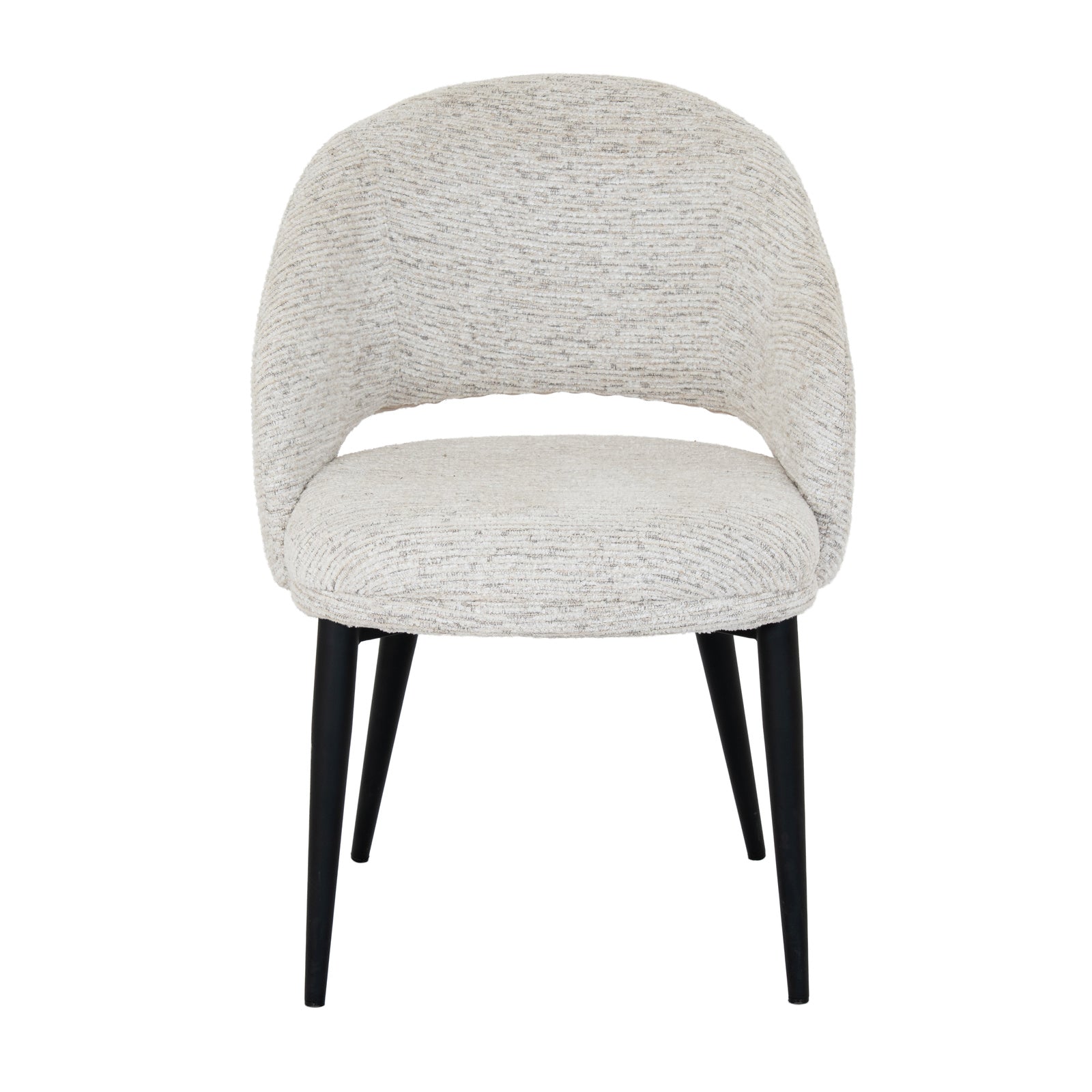 Angle view of Hill Interiors Sorelle curved white dining chair highlighting the sleek curved design