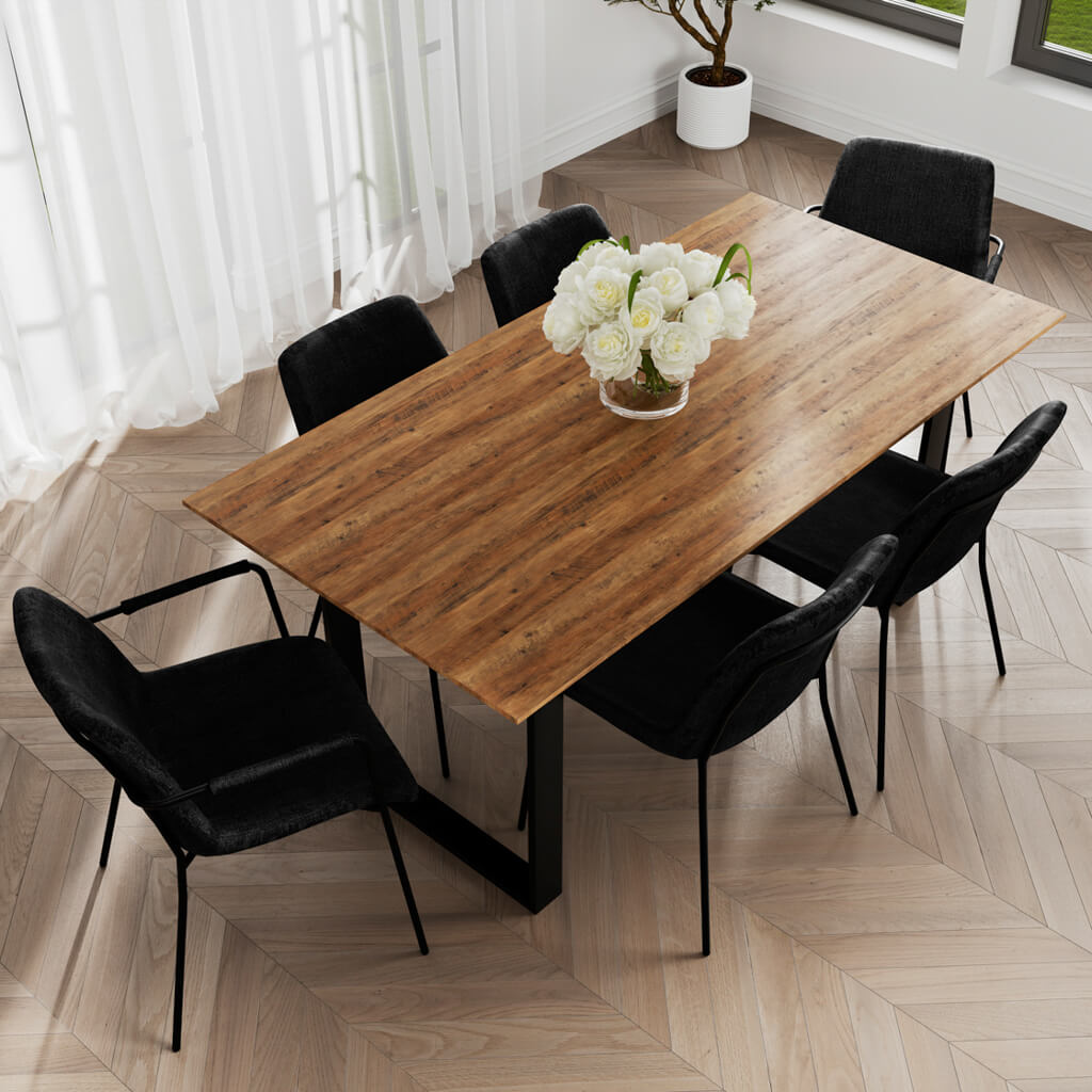 	LPD Furniture Antibes russet wood effect dining table with black U-shaped legs in a modern dining room setting
