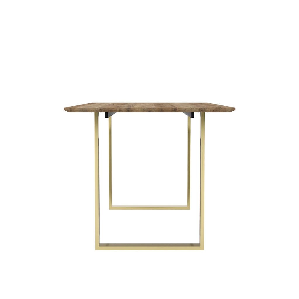 LPD Furniture Antibes russet wood effect dining table with gold U-shaped legs in a modern dining room setting