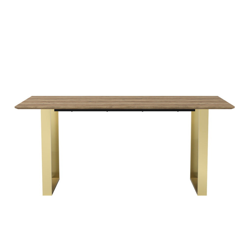 LPD Furniture Antibes russet wood effect dining table with gold U-shaped legs in a modern dining room setting