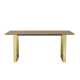LPD Furniture Antibes russet wood effect dining table with gold U-shaped legs in a modern dining room setting