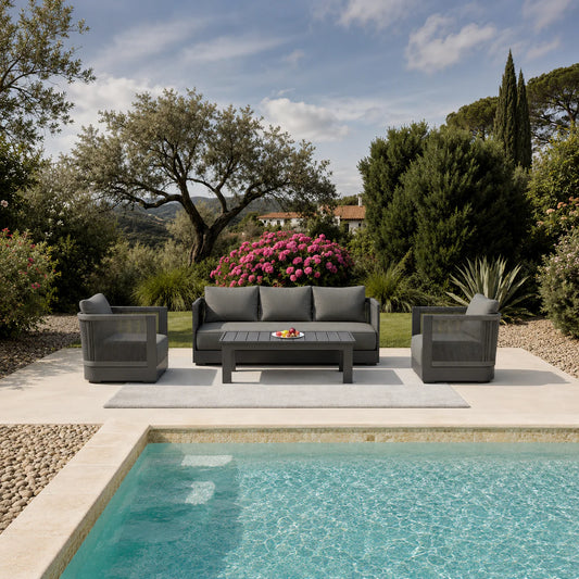 Furnish365 Ares 5 seater outdoor lounge set with polyrattan wicker and aluminium frame in a modern garden setting