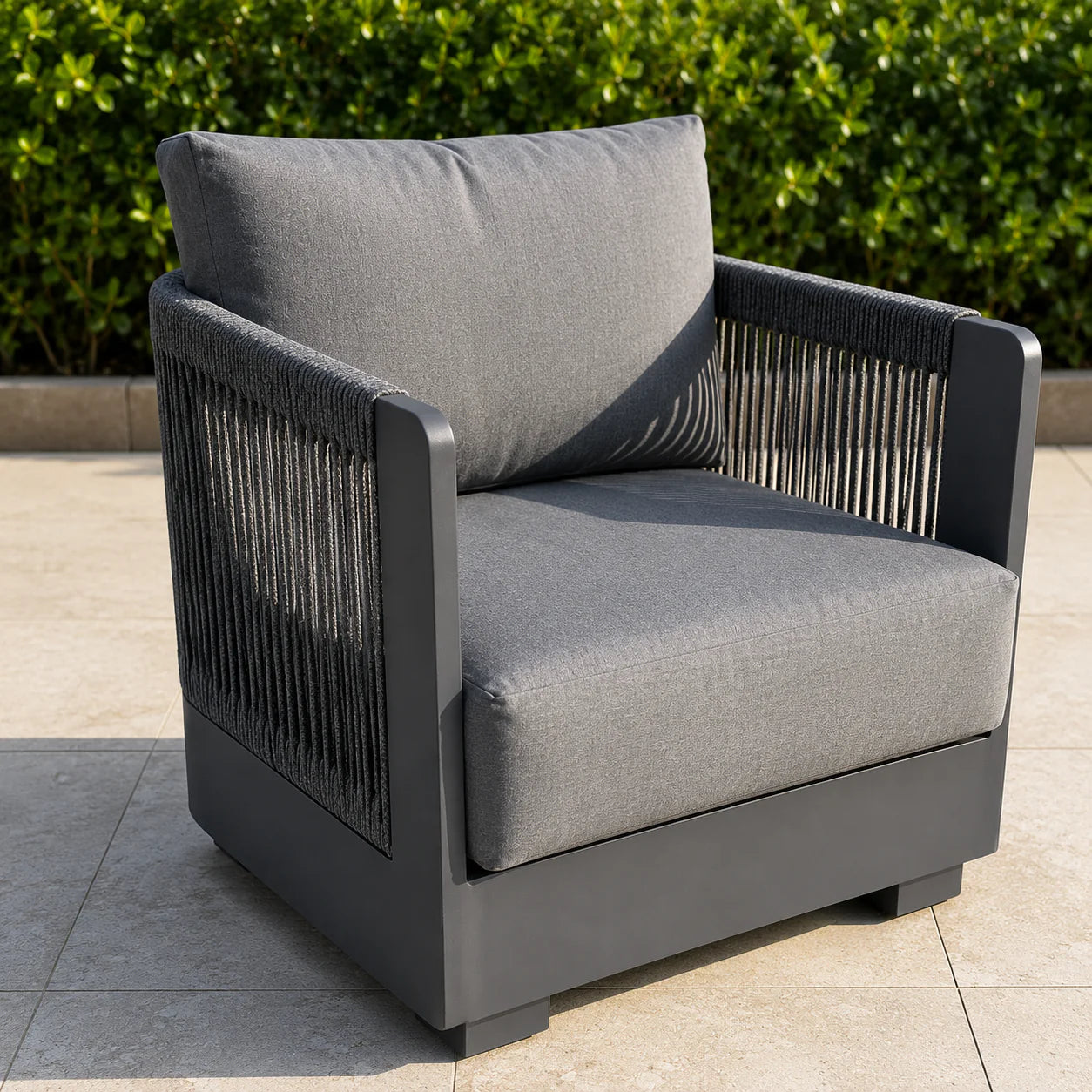 Furnish365 Ares 5 seater outdoor lounge set with polyrattan wicker and aluminium frame in a modern garden setting