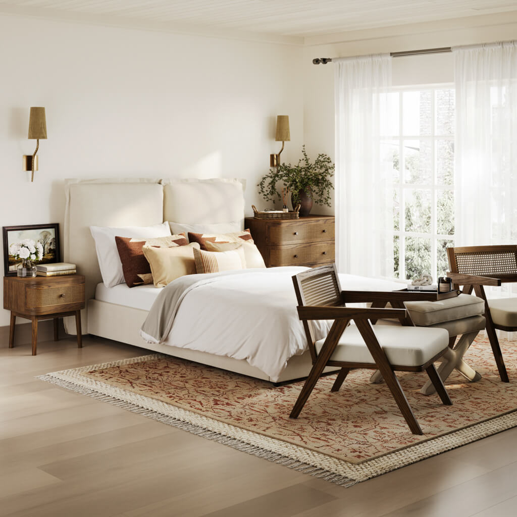 LPD Furniture Arizona ecru weave accent chair with smoked wood frame in a modern living room setting