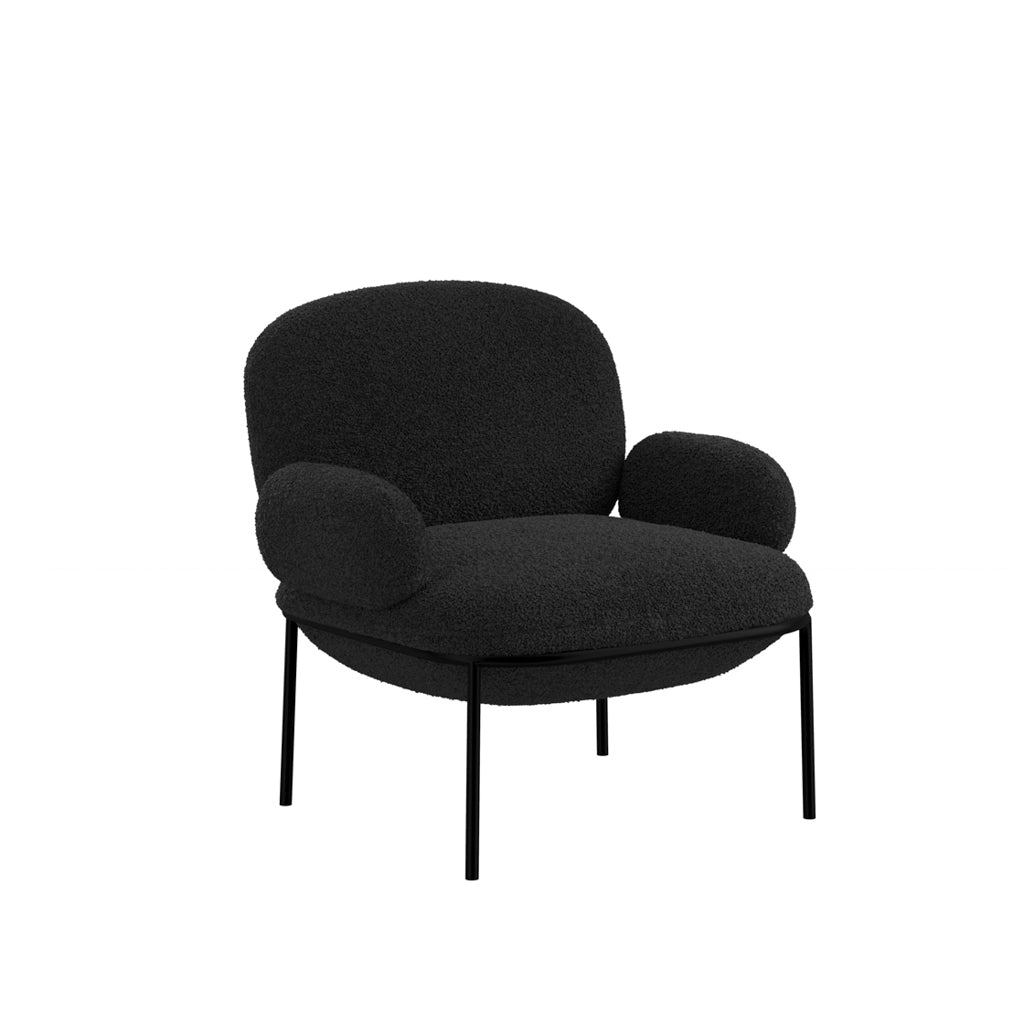 LPD Furniture Avery black sherpa fabric chair with matte black metal frame in a modern living room setting