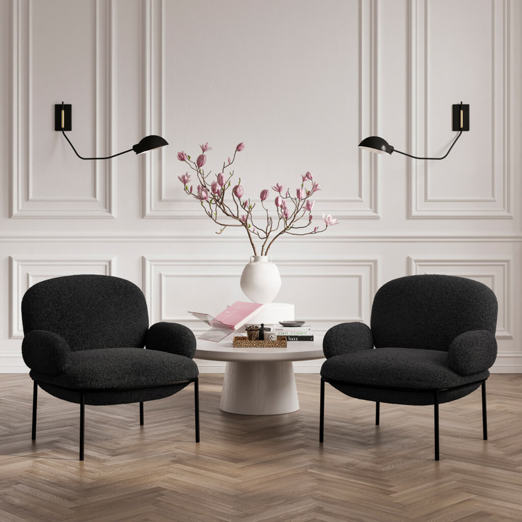 LPD Furniture Avery black sherpa fabric chair with matte black metal frame in a modern living room setting