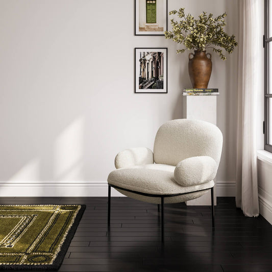 LPD Furniture Avery ivory sherpa fabric chair with matte black metal frame in a modern living room setting