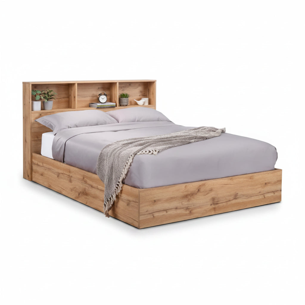 Bali Ottoman Bed – Natural Oak – Ottoman Storage with Bookcase Headboard | Julian Bowen