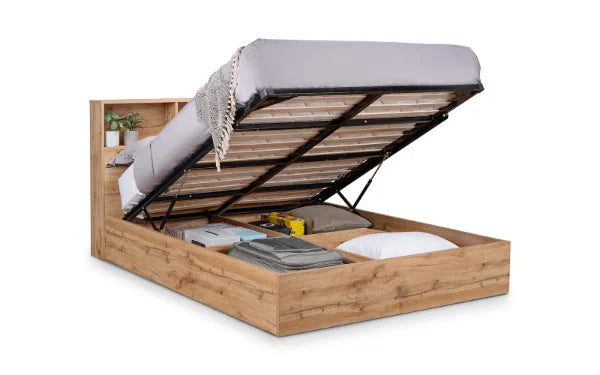 Bali Ottoman Bed – Natural Oak – Ottoman Storage with Bookcase Headboard