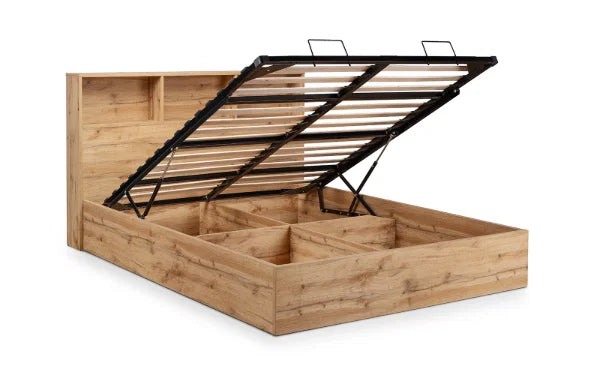 Bali Ottoman Bed – Natural Oak – Ottoman Storage with Bookcase Headboard